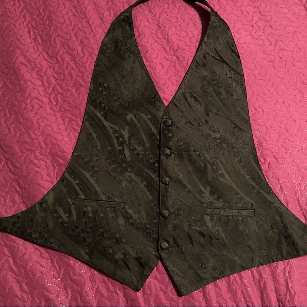 Tux beautiful black pattern vest S/M adjustable at neck and back